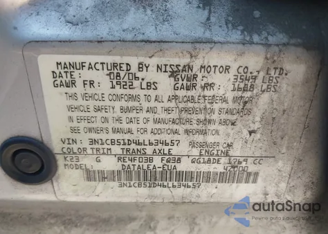 2006 Nissan Sentra 1.8 z USA, uszkodzony, nr VIN 3N1CB51D46L634657